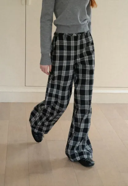 Wide Leg Plaid Pattern Casual Pants