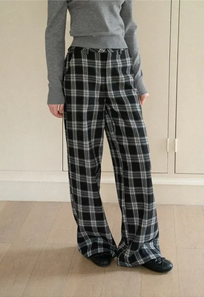 Wide Leg Plaid Pattern Casual Pants
