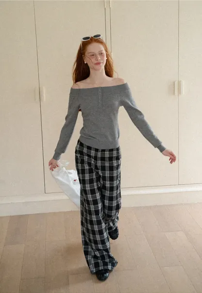 Wide Leg Plaid Pattern Casual Pants