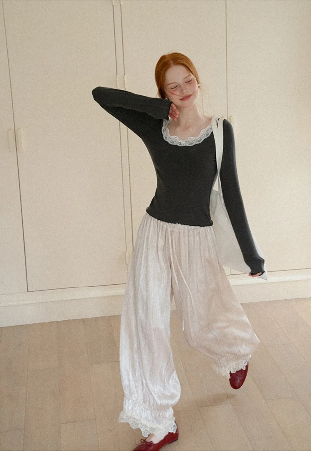 Lace Trim Elastic Cuff Wide Leg Casual Pants