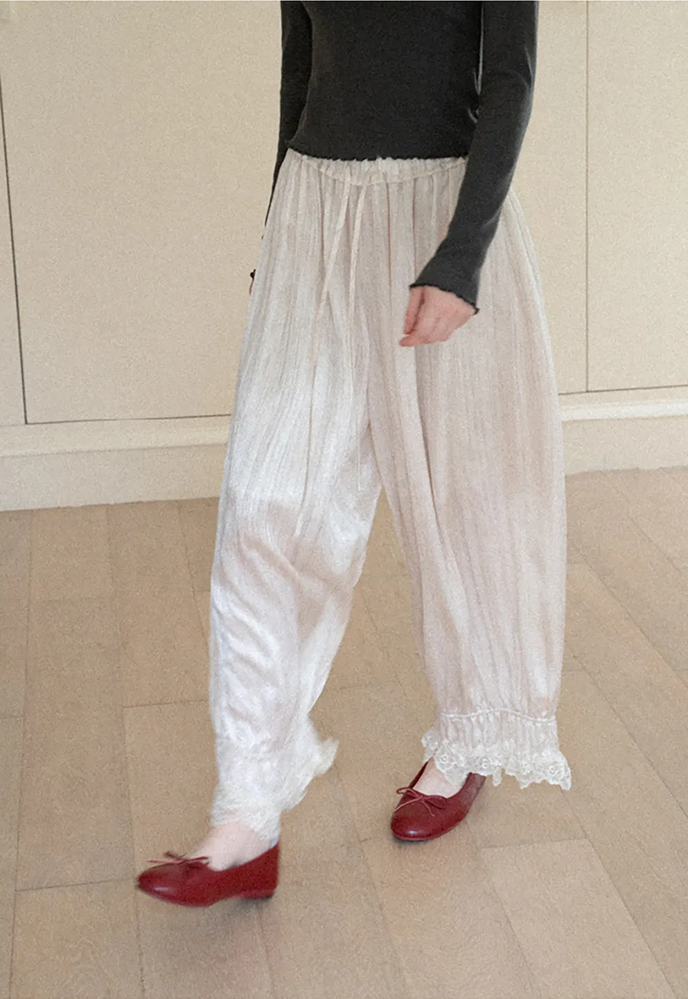 Lace Trim Elastic Cuff Wide Leg Casual Pants