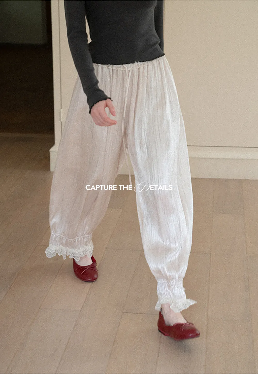 Lace Trim Elastic Cuff Wide Leg Casual Pants