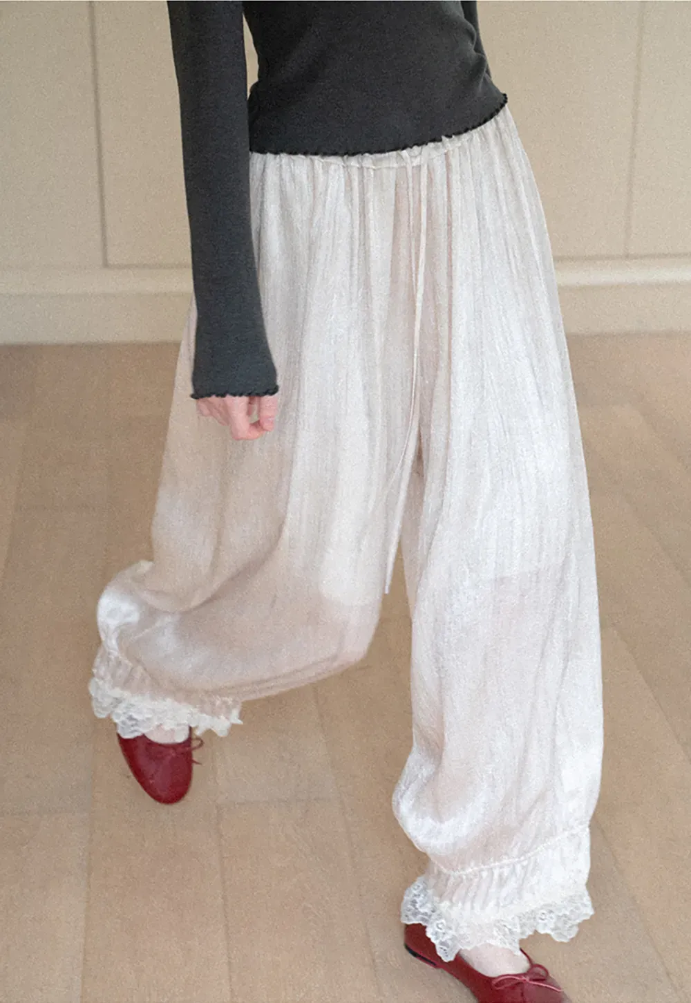 Lace Trim Elastic Cuff Wide Leg Casual Pants