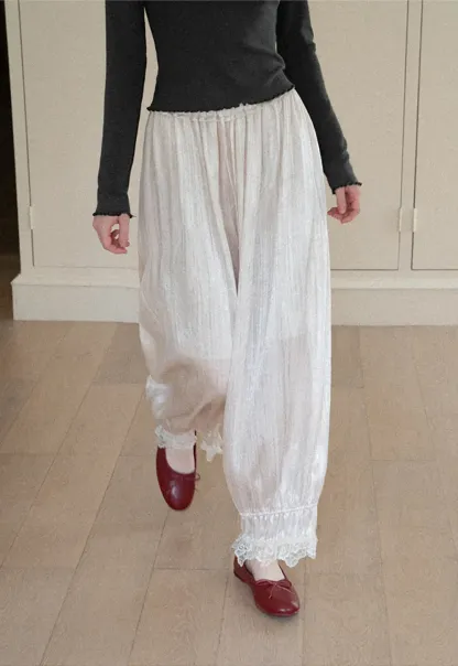 Lace Trim Elastic Cuff Wide Leg Casual Pants