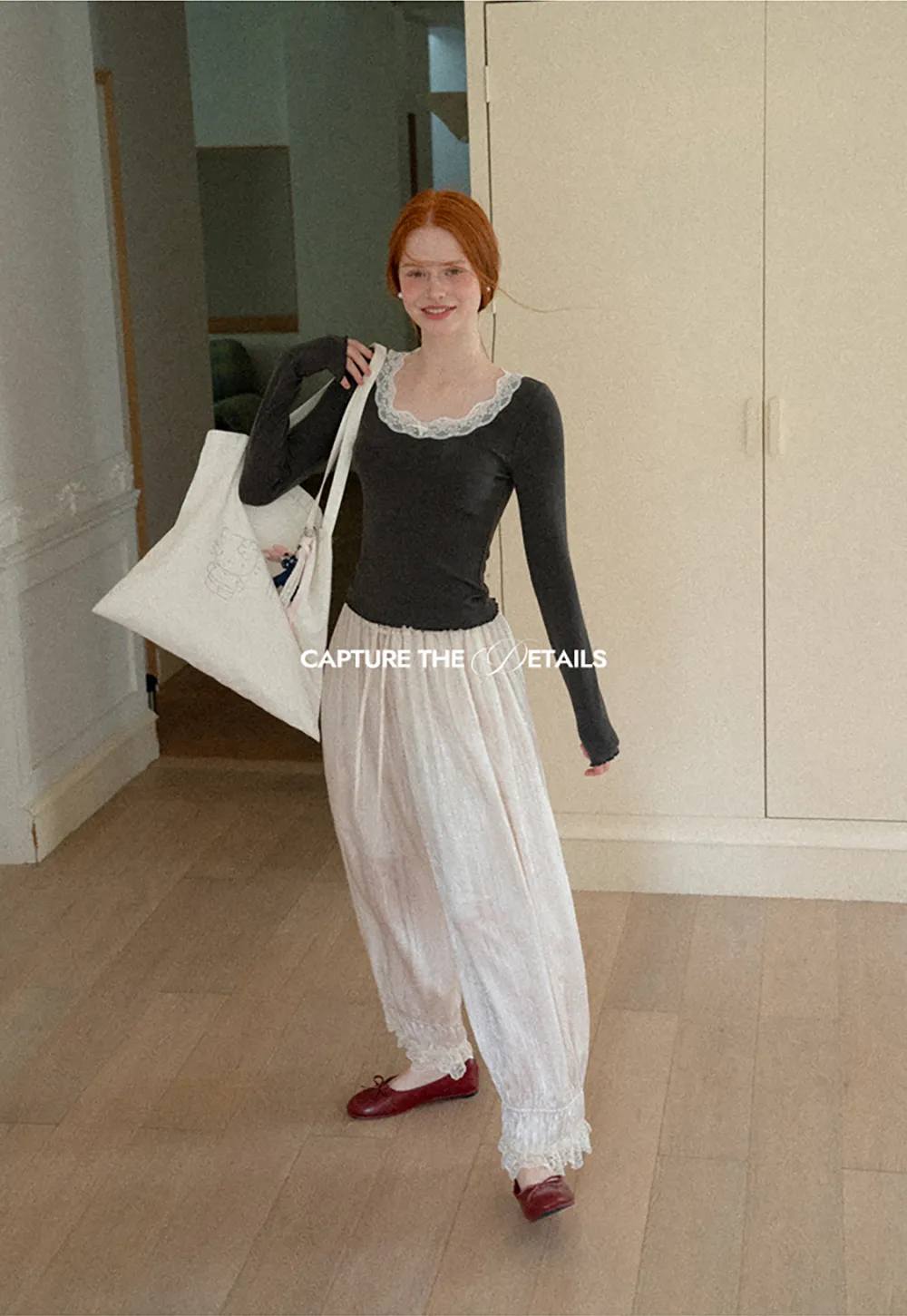 Lace Trim Elastic Cuff Wide Leg Casual Pants