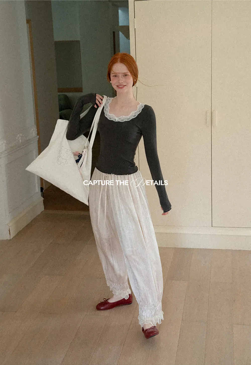 Lace Trim Elastic Cuff Wide Leg Casual Pants