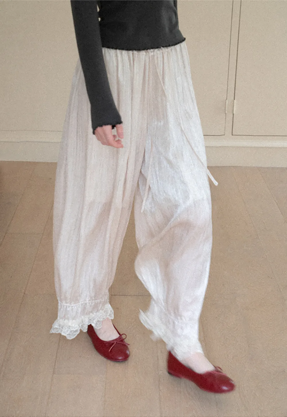 Lace Trim Elastic Cuff Wide Leg Casual Pants