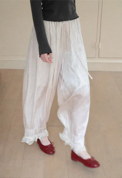 Lace Trim Elastic Cuff Wide Leg Casual Pants