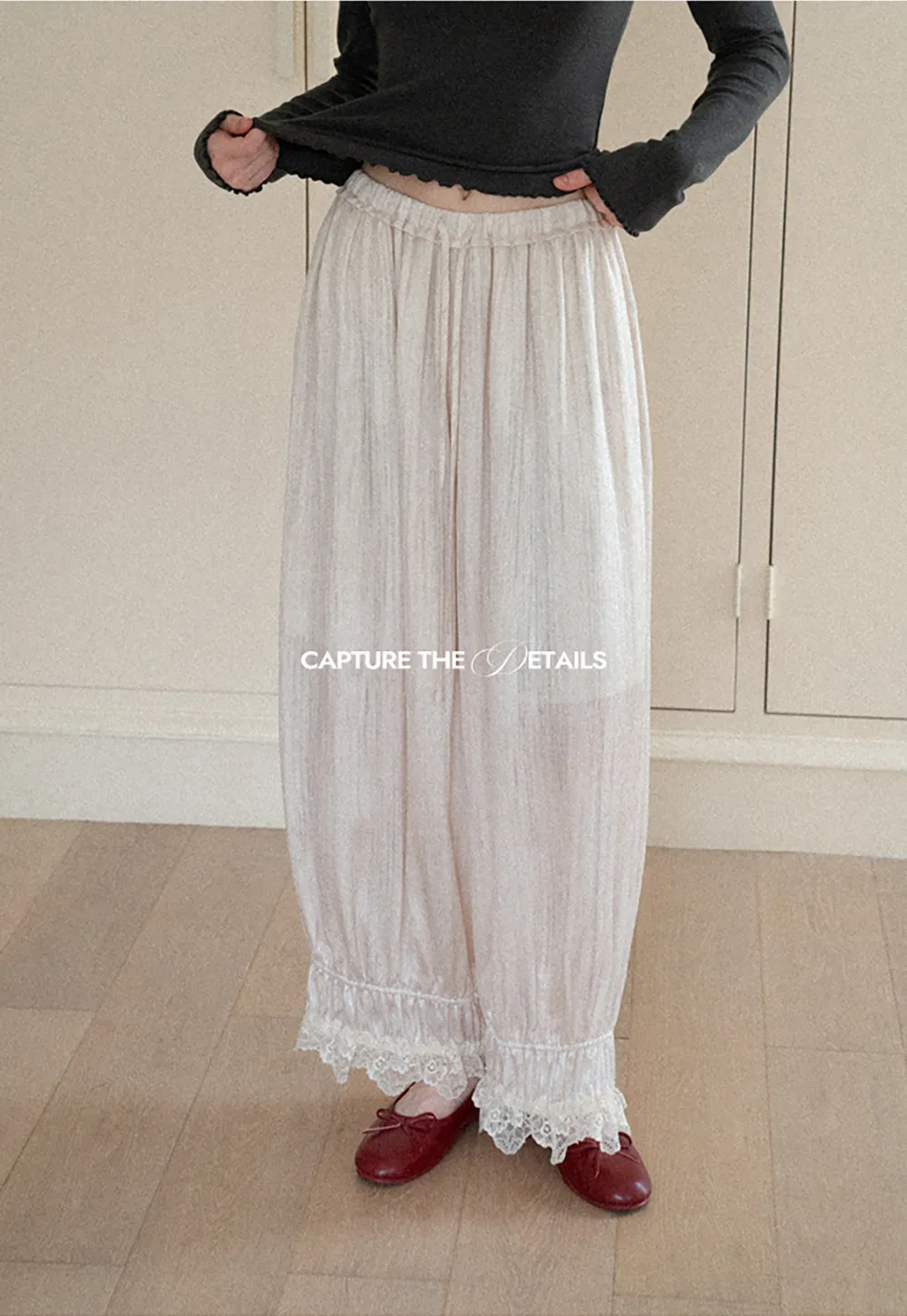 Lace Trim Elastic Cuff Wide Leg Casual Pants