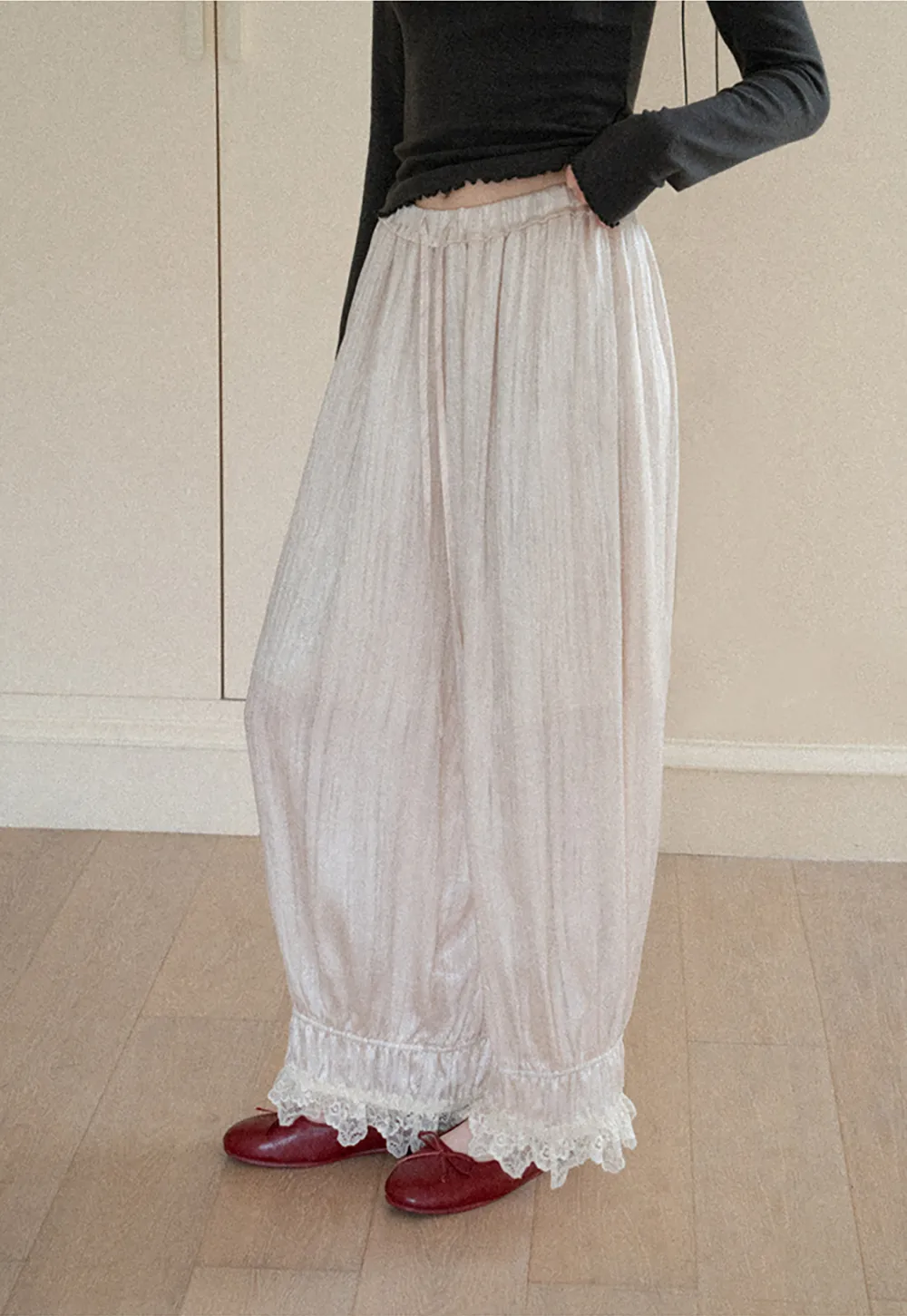 Lace Trim Elastic Cuff Wide Leg Casual Pants