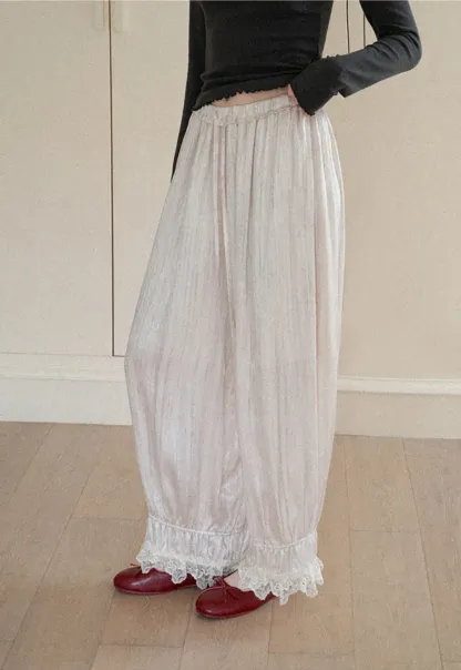 Lace Trim Elastic Cuff Wide Leg Casual Pants