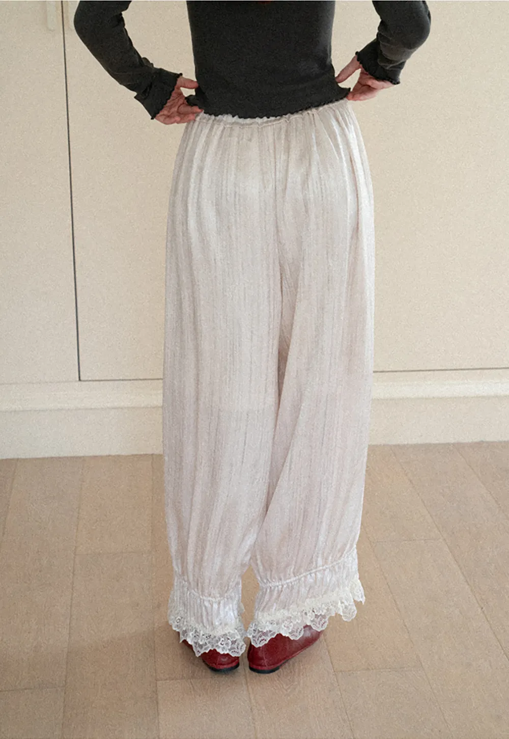 Lace Trim Elastic Cuff Wide Leg Casual Pants