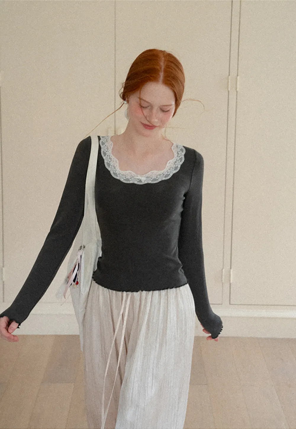 Lace Trim Elastic Cuff Wide Leg Casual Pants