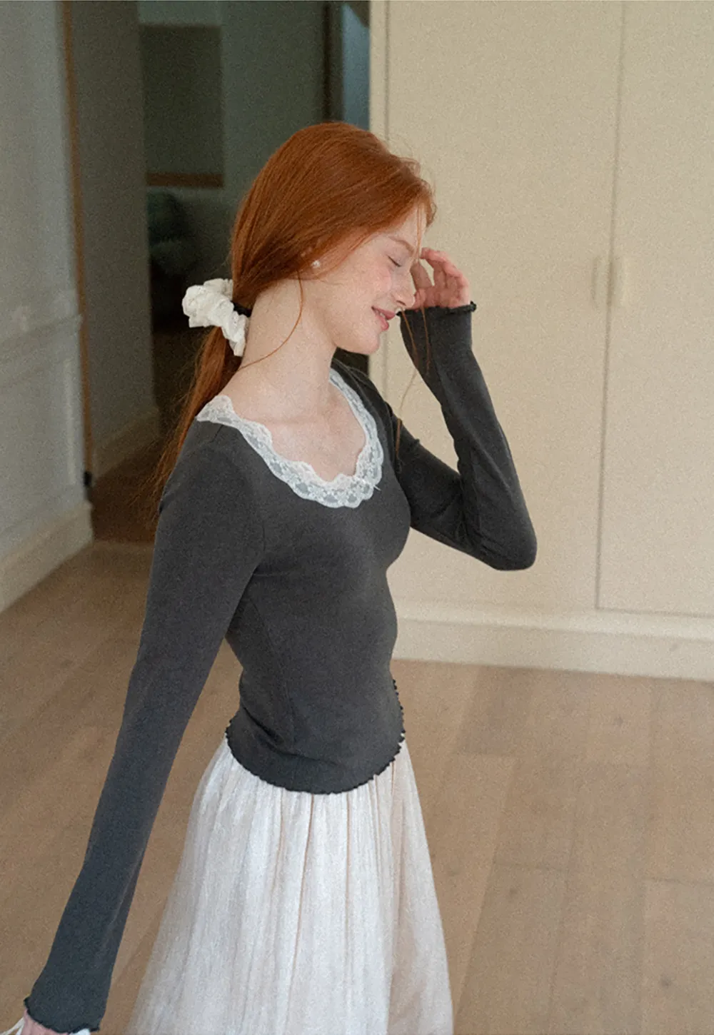 Lace Trim Elastic Cuff Wide Leg Casual Pants