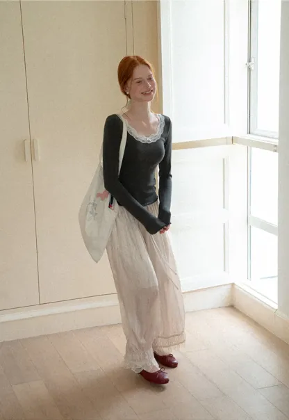 Lace Trim Elastic Cuff Wide Leg Casual Pants
