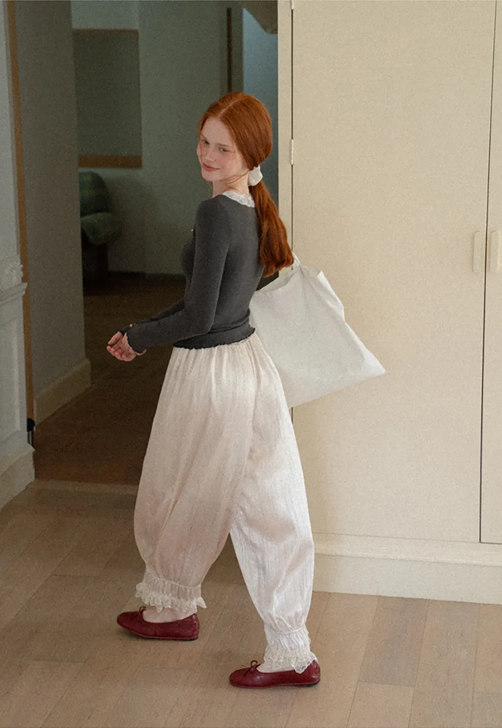Lace Trim Elastic Cuff Wide Leg Casual Pants