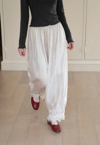 Lace Trim Elastic Cuff Wide Leg Casual Pants