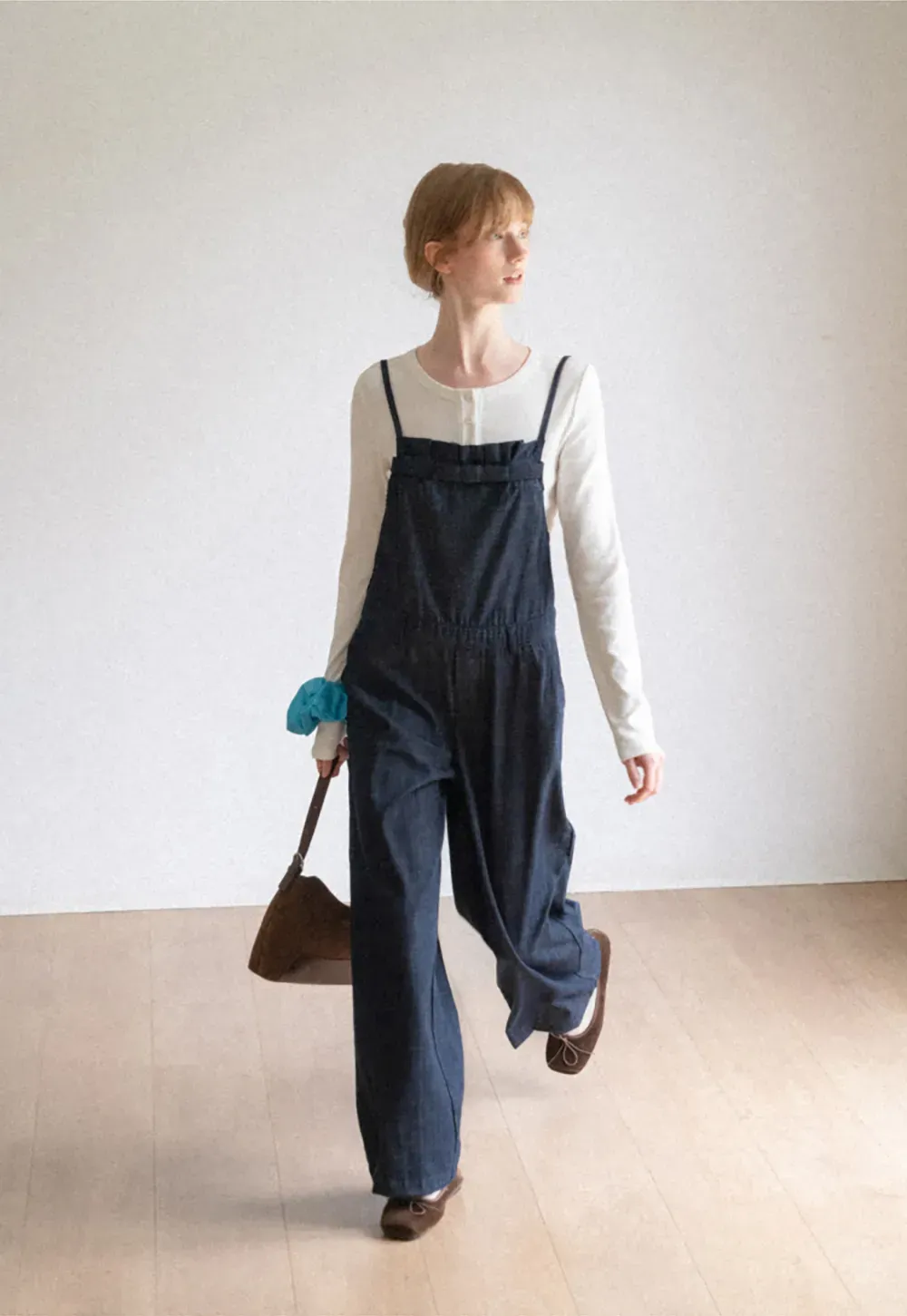 Ruched Waist Wide Leg Denim Jumpsuit