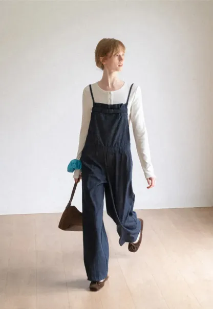 Ruched Waist Wide Leg Denim Jumpsuit