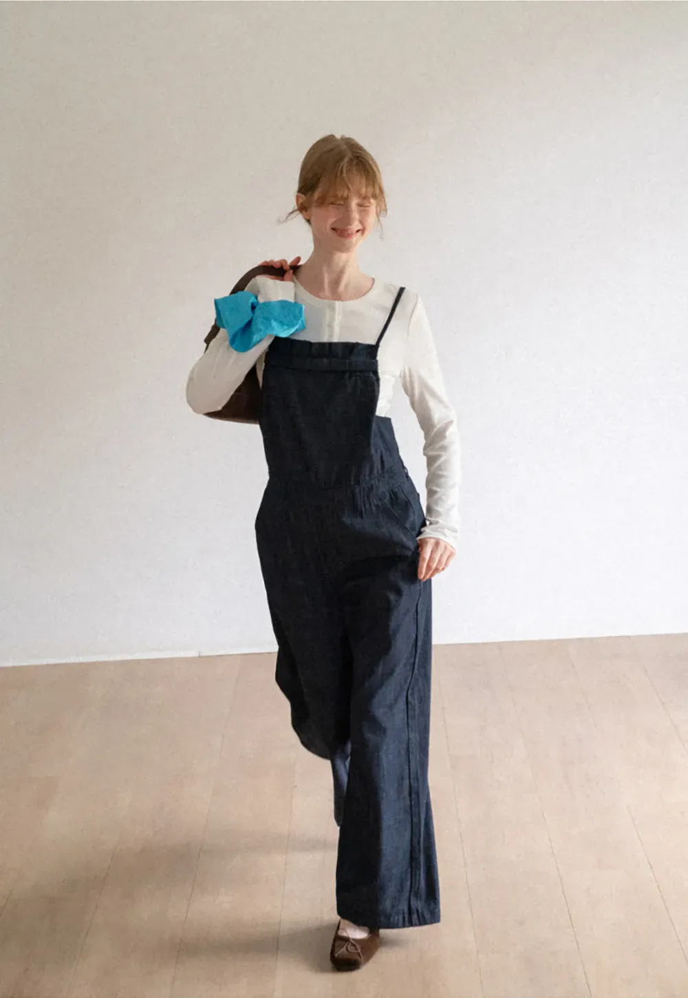 Ruched Waist Wide Leg Denim Jumpsuit