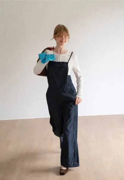 Ruched Waist Wide Leg Denim Jumpsuit
