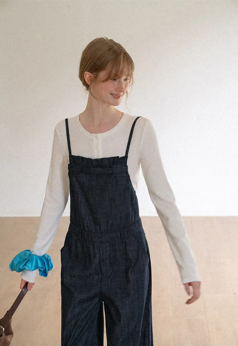 Ruched Waist Wide Leg Denim Jumpsuit