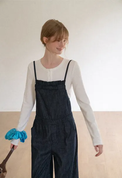 Ruched Waist Wide Leg Denim Jumpsuit