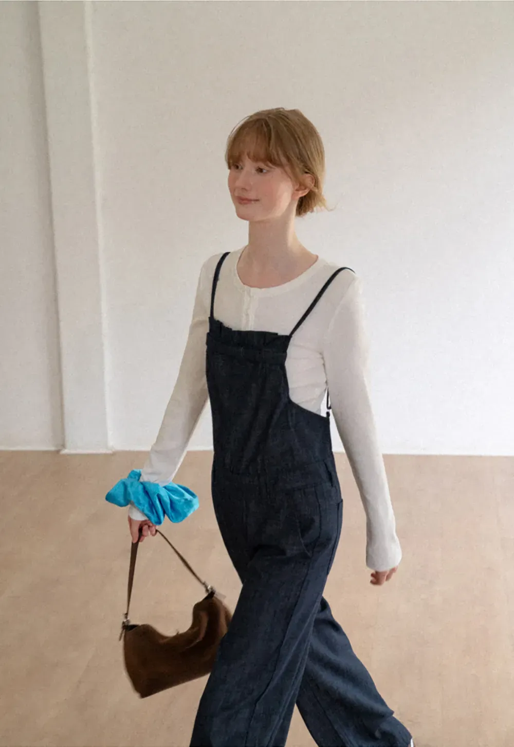Ruched Waist Wide Leg Denim Jumpsuit