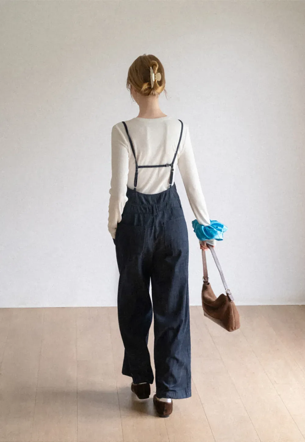 Ruched Waist Wide Leg Denim Jumpsuit