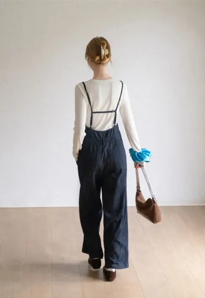 Ruched Waist Wide Leg Denim Jumpsuit