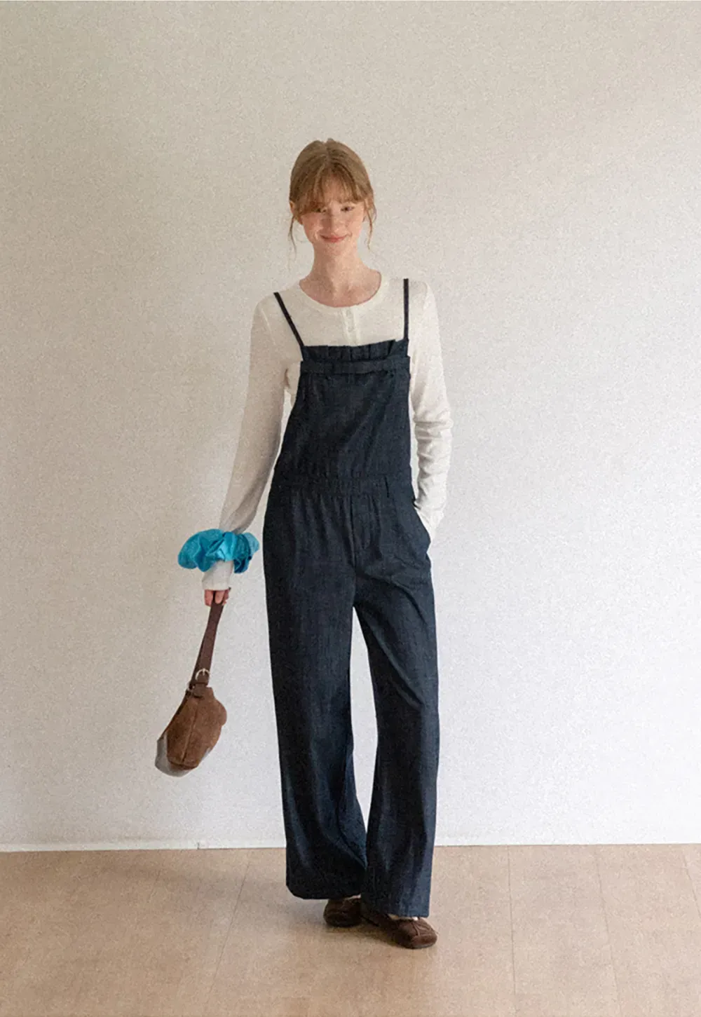 Ruched Waist Wide Leg Denim Jumpsuit