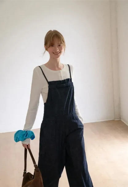 Ruched Waist Wide Leg Denim Jumpsuit