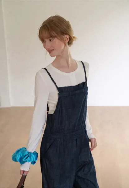 Ruched Waist Wide Leg Denim Jumpsuit