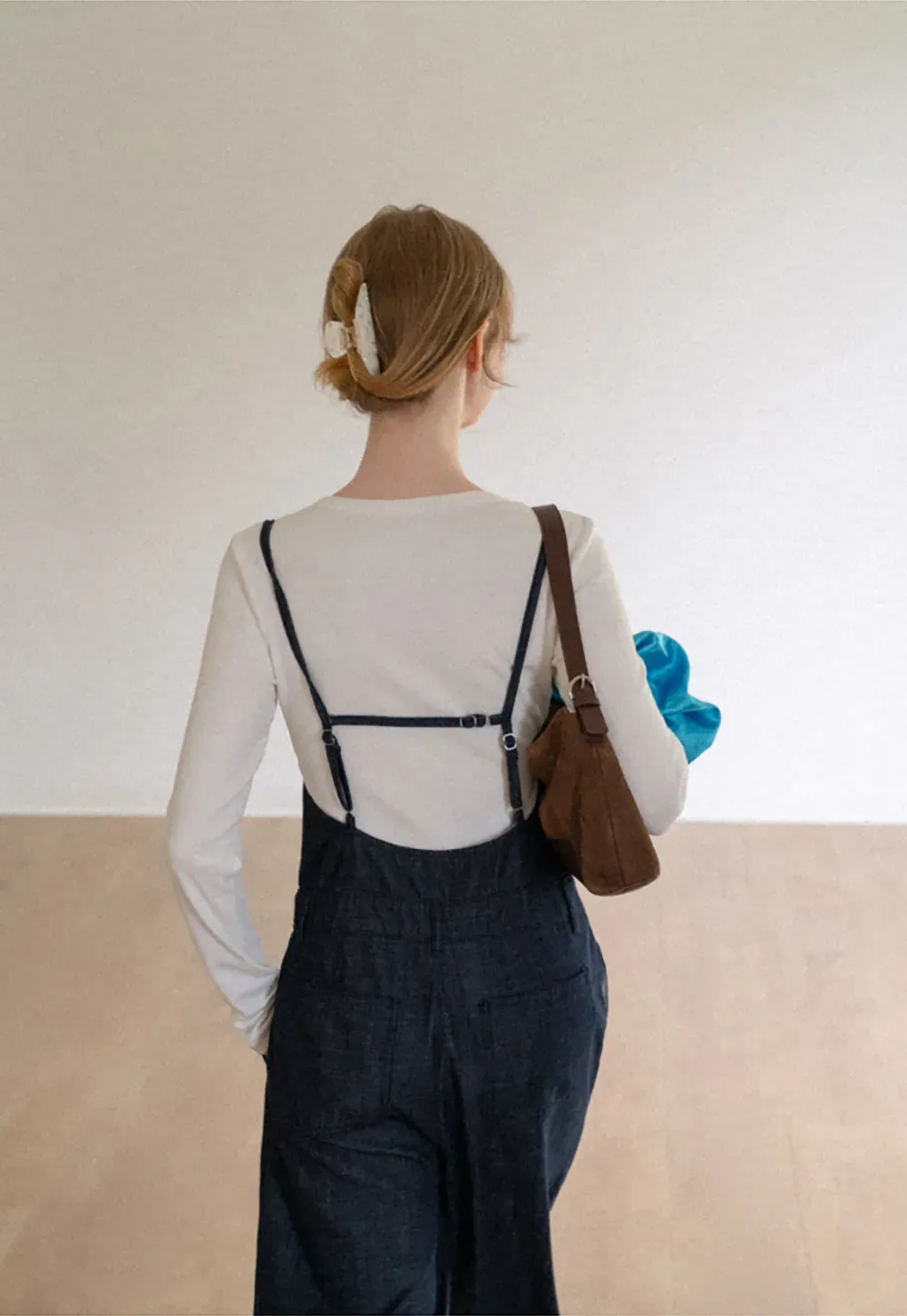 Ruched Waist Wide Leg Denim Jumpsuit