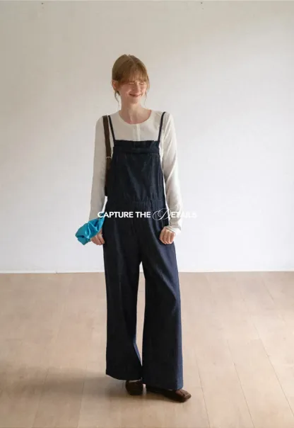 Ruched Waist Wide Leg Denim Jumpsuit