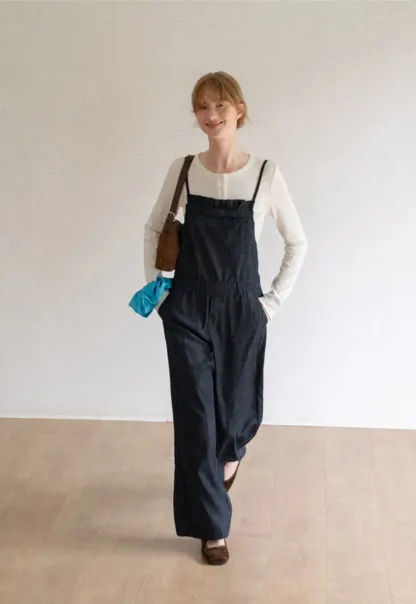 Ruched Waist Wide Leg Denim Jumpsuit