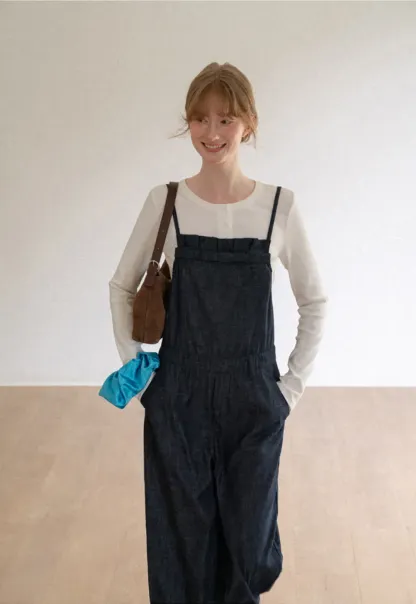 Ruched Waist Wide Leg Denim Jumpsuit