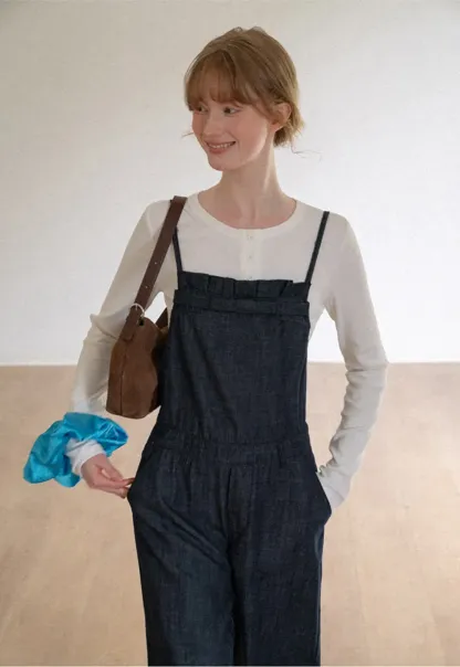Ruched Waist Wide Leg Denim Jumpsuit