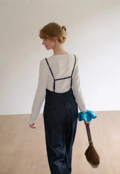 Ruched Waist Wide Leg Denim Jumpsuit