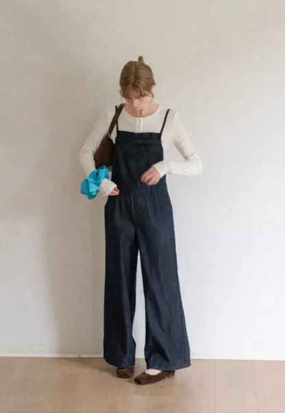 Ruched Waist Wide Leg Denim Jumpsuit