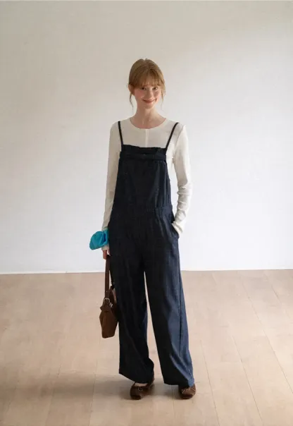Ruched Waist Wide Leg Denim Jumpsuit