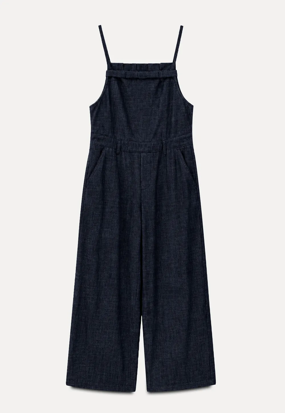 Ruched Waist Wide Leg Denim Jumpsuit