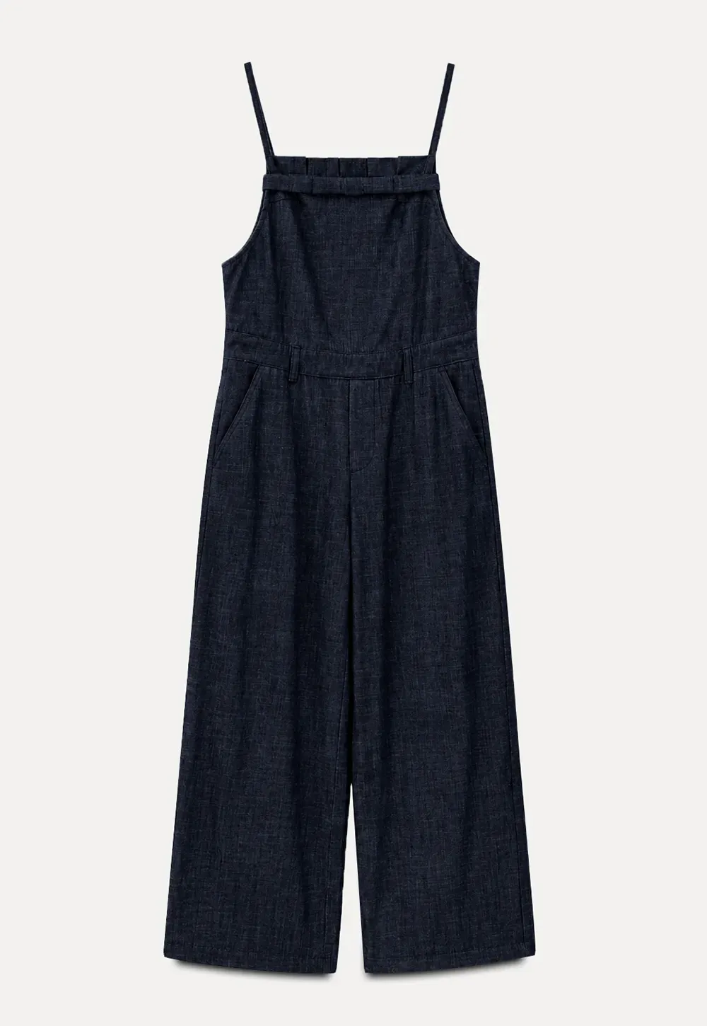Ruched Waist Wide Leg Denim Jumpsuit