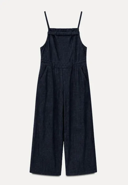 Ruched Waist Wide Leg Denim Jumpsuit