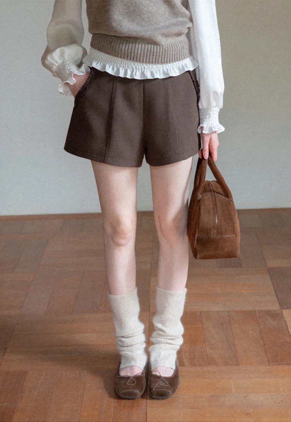 High Waist Pleated Shorts with Ruched Side Detail