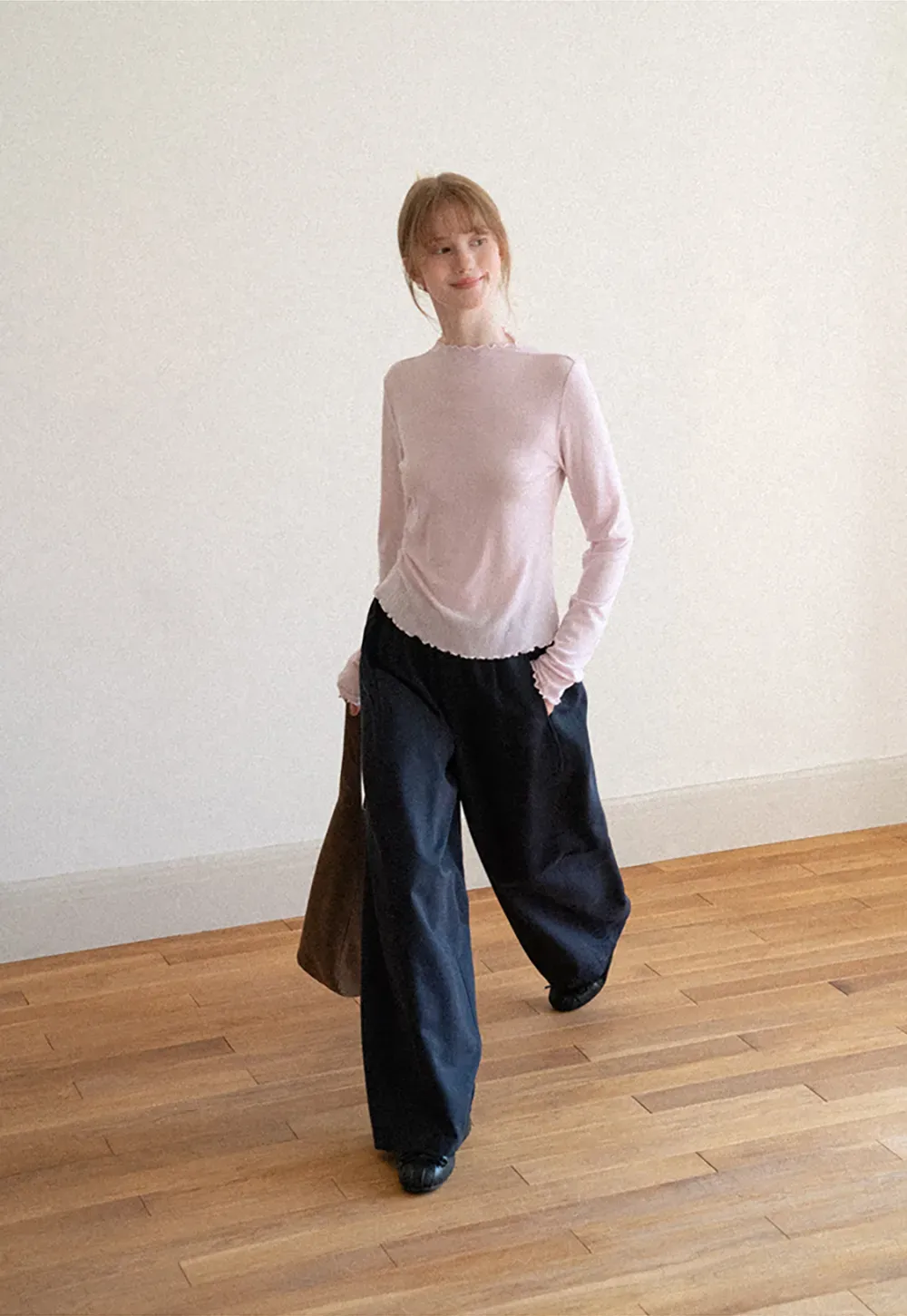 High Waist Elastic Waistband Wide Leg Casual Pants