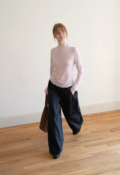 High Waist Elastic Waistband Wide Leg Casual Pants