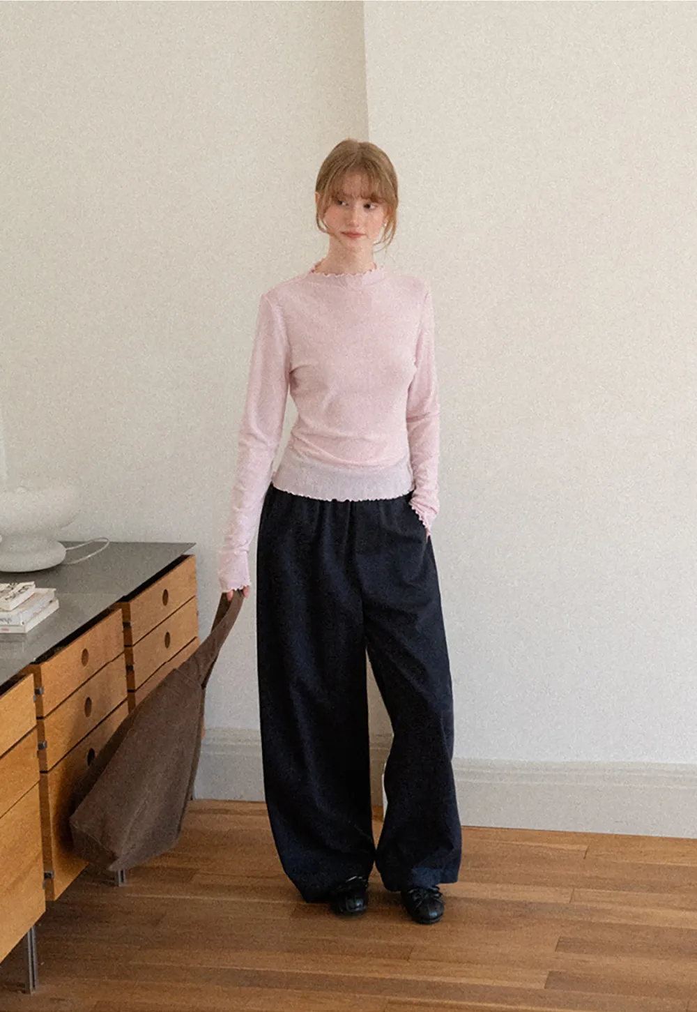 High Waist Elastic Waistband Wide Leg Casual Pants