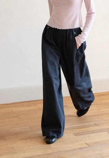 High Waist Elastic Waistband Wide Leg Casual Pants