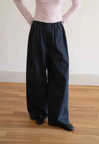 High Waist Elastic Waistband Wide Leg Casual Pants